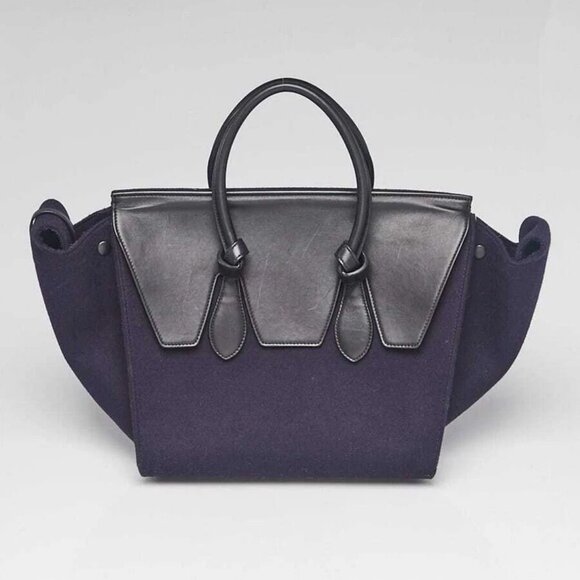 Celine Navy/Black Wool and Leather Small Tie Tote Bag - Picture 1 of 12